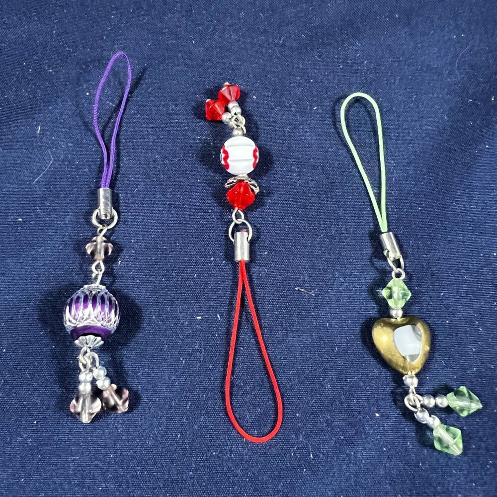 Set Of 3 Handmade Beaded Bag Charms With Red Green & Purple Straps